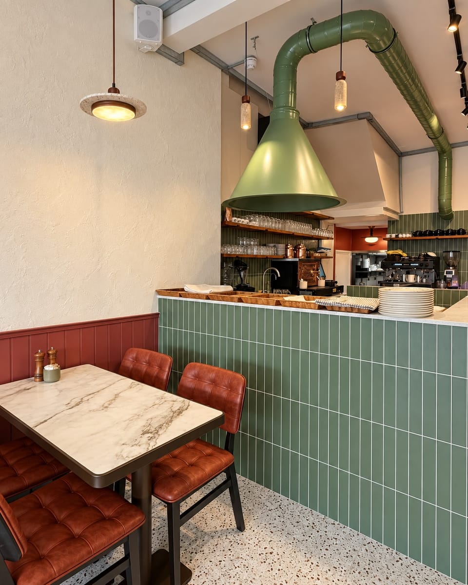 The Hanımeli counter with green tiles and marble tables