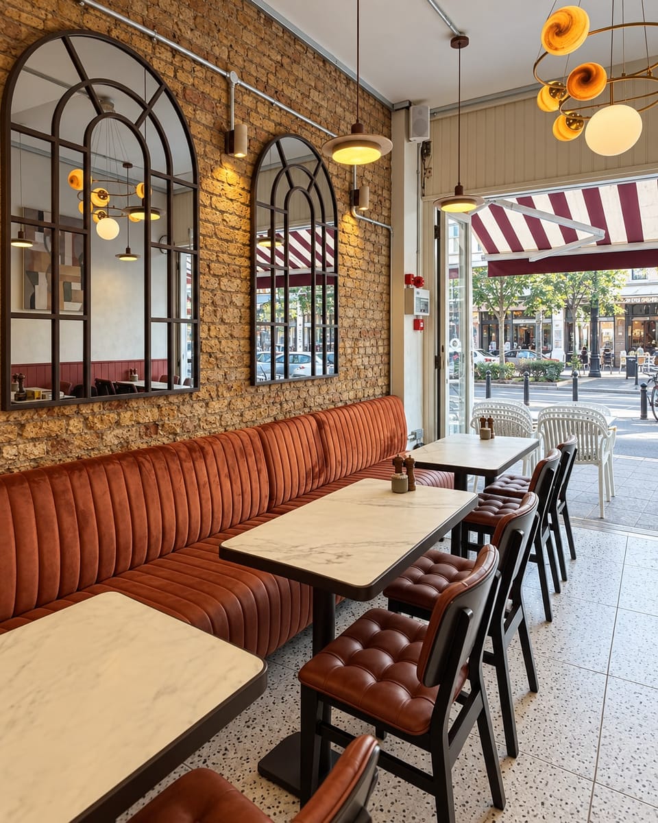 Leather banquettes by the window looking out onto Stoke Newington Road